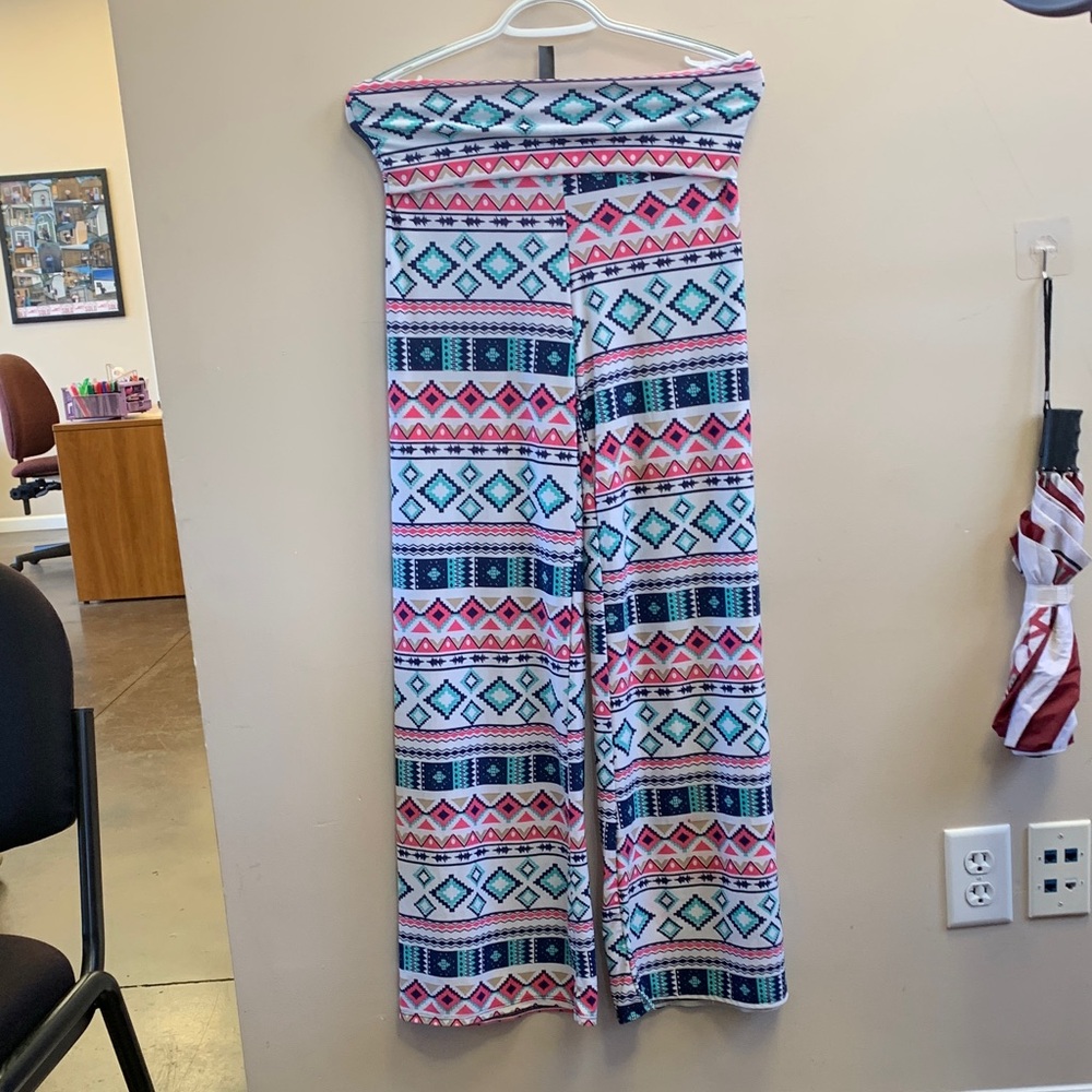 Patterned Wide Leg Pants with Fold Over Waist